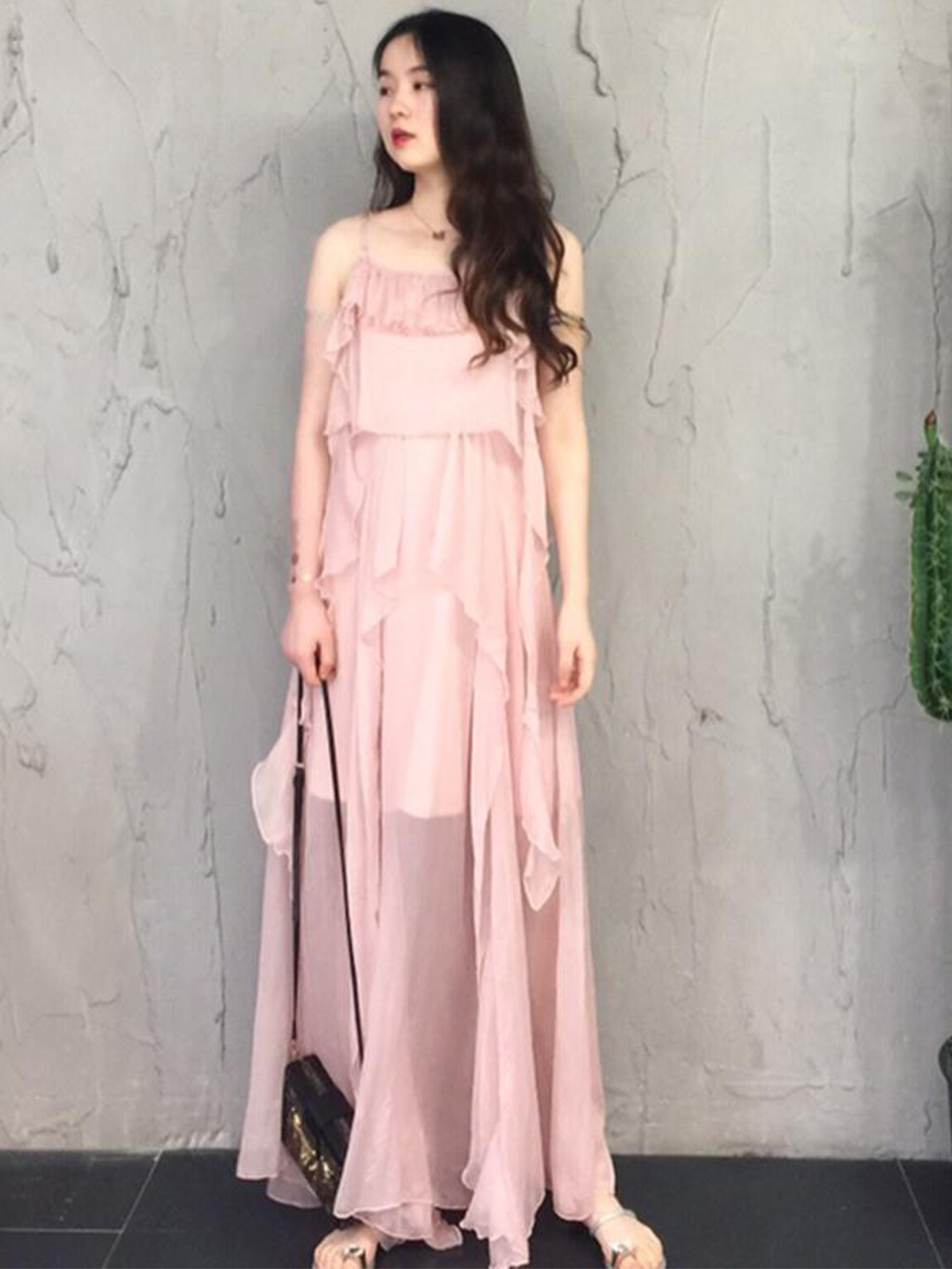 

Lyla Shoulder Straps Layered Maxi Dress, Pink