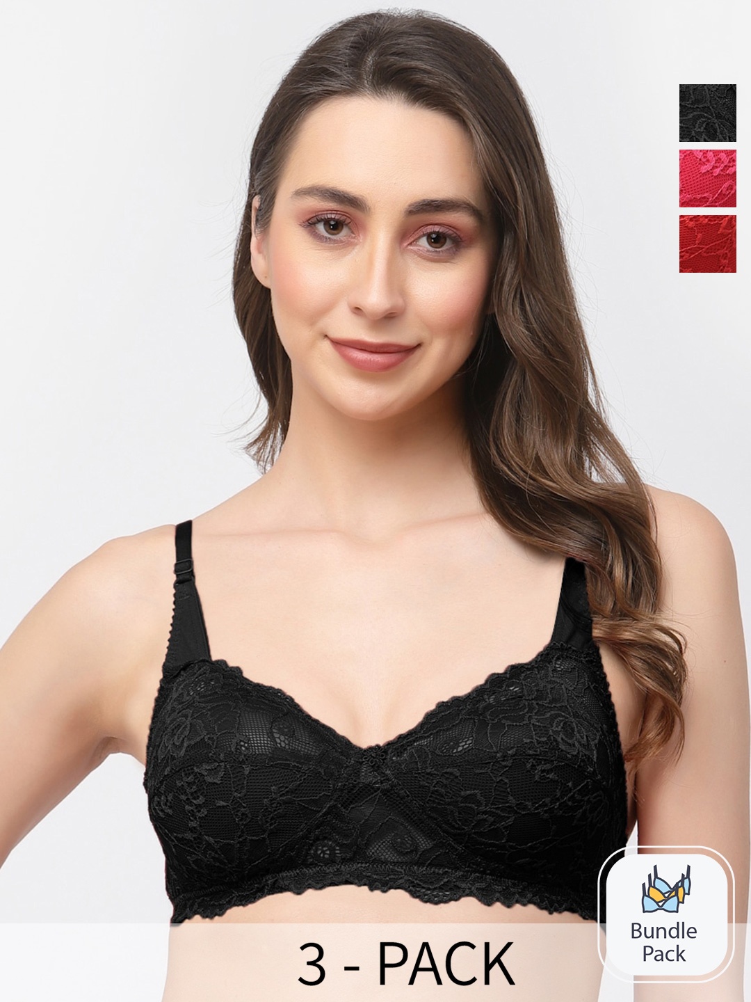 

Docare Pack Of 3 Floral Self Design Full Coverage Bralette Bra With All Day Comfort, Black