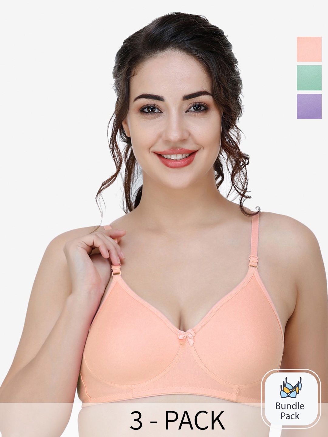 

Docare Pack Of 3 Full Coverage Non Padded Cotton T-shirt Bra With All Day Comfort, Peach