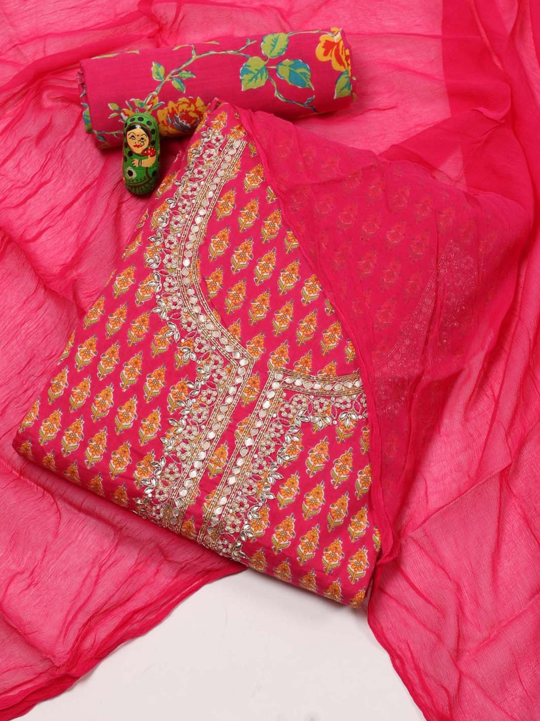 

Meena Bazaar Floral Printed Beads and Stones Unstitched Dress Material, Magenta