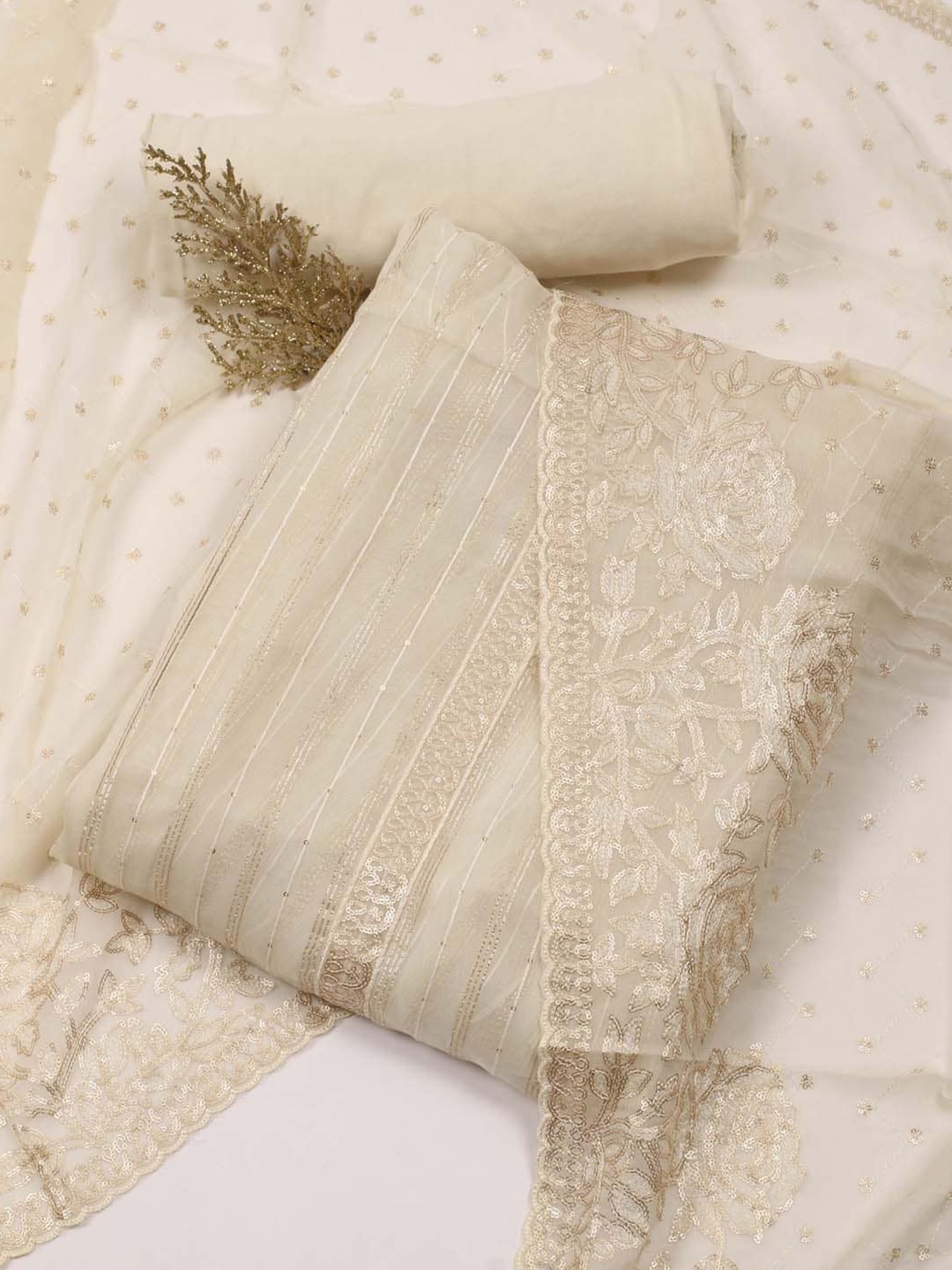 

Meena Bazaar Woven Design Sequinned Organza Unstitched Dress Material, Cream