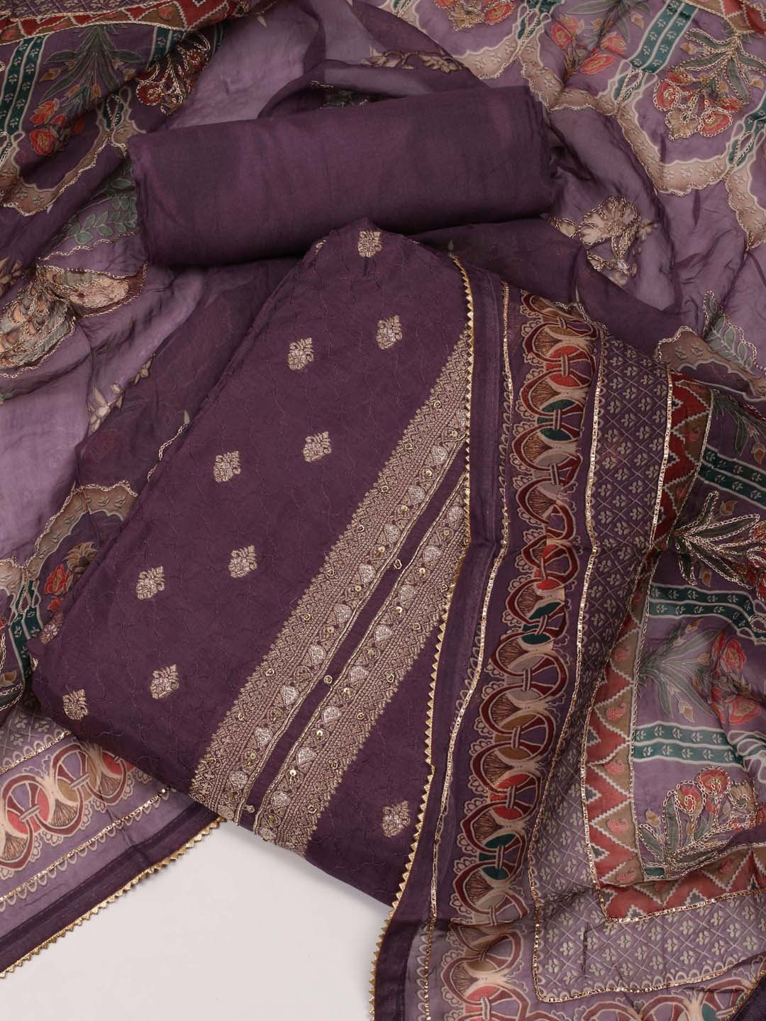 

Meena Bazaar Ethnic Motifs Art Silk Unstitched Dress Material, Purple