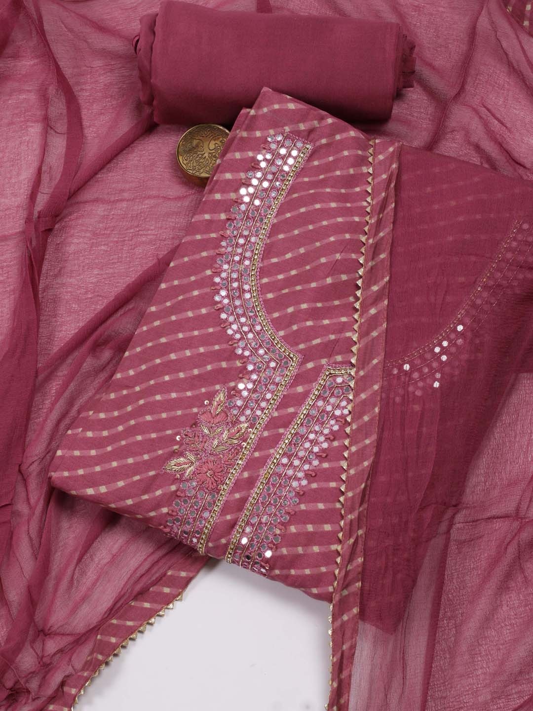

Meena Bazaar Striped Miror Work Unstitched Dress Material, Pink