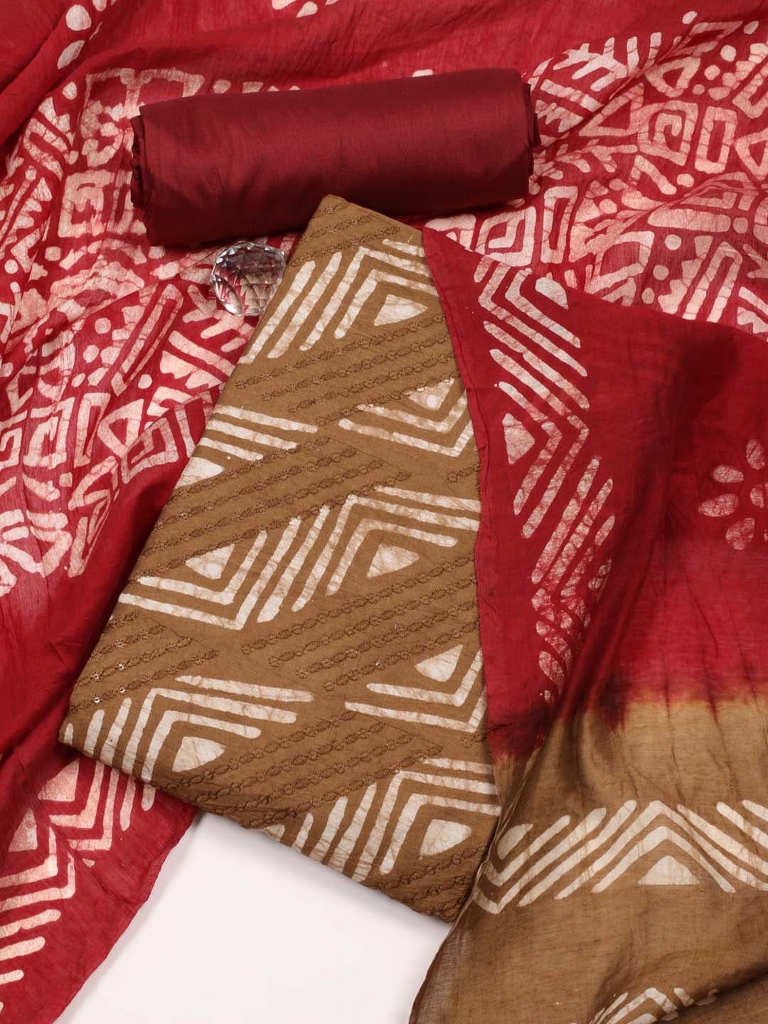 

Meena Bazaar Ethnic Motif Printed Unstitched Dress Material, Brown
