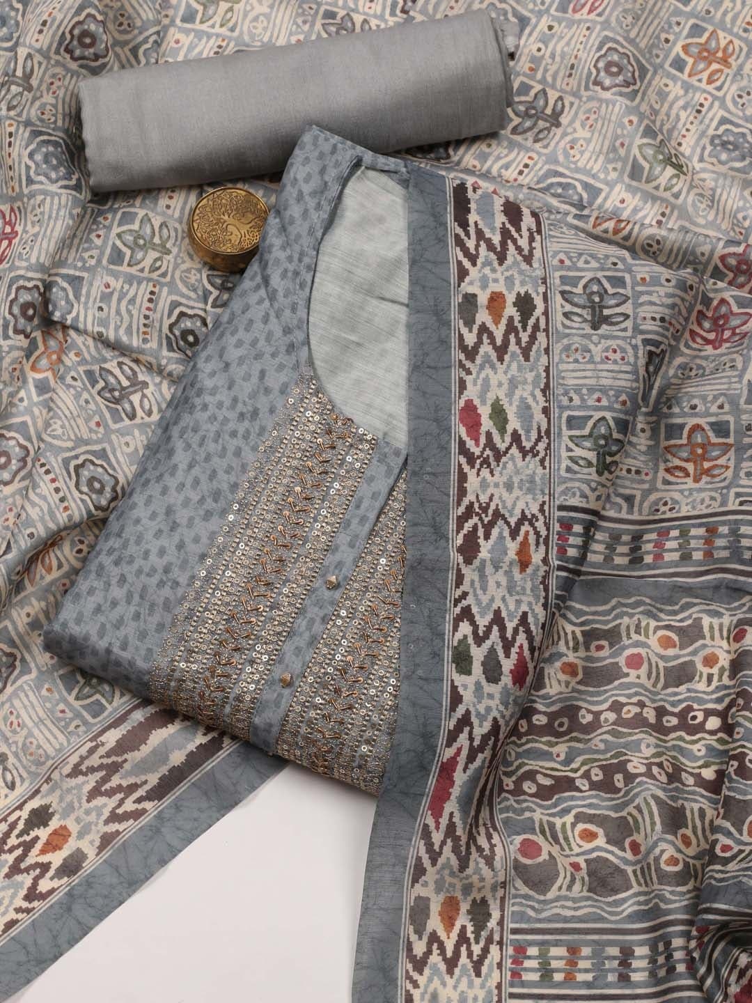 

Meena Bazaar Geometric Printed Art Silk Unstitched Dress Material, Grey