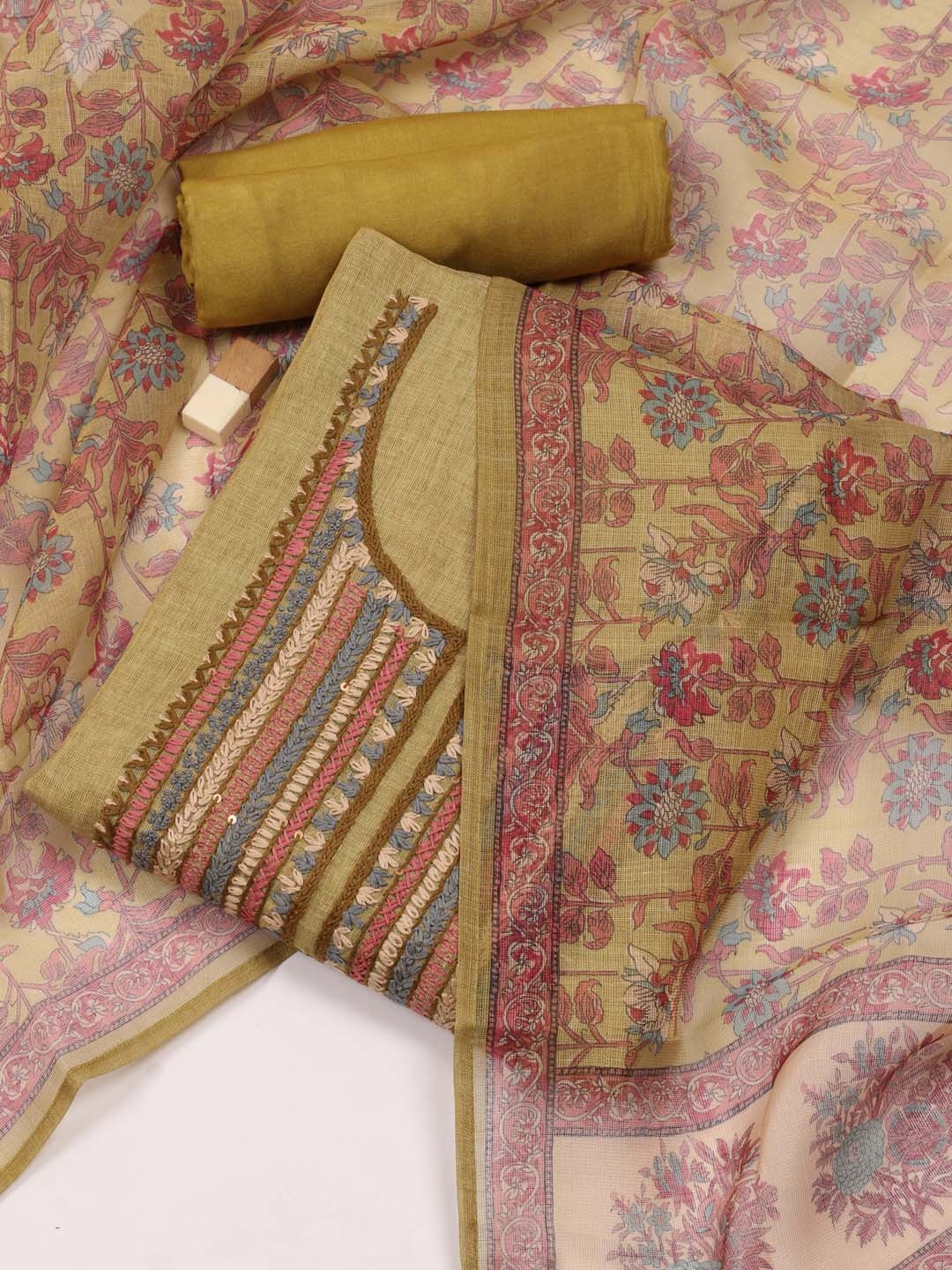 

Meena Bazaar Ethnic Motifs Embroidered Unstitched Dress Material, Mustard