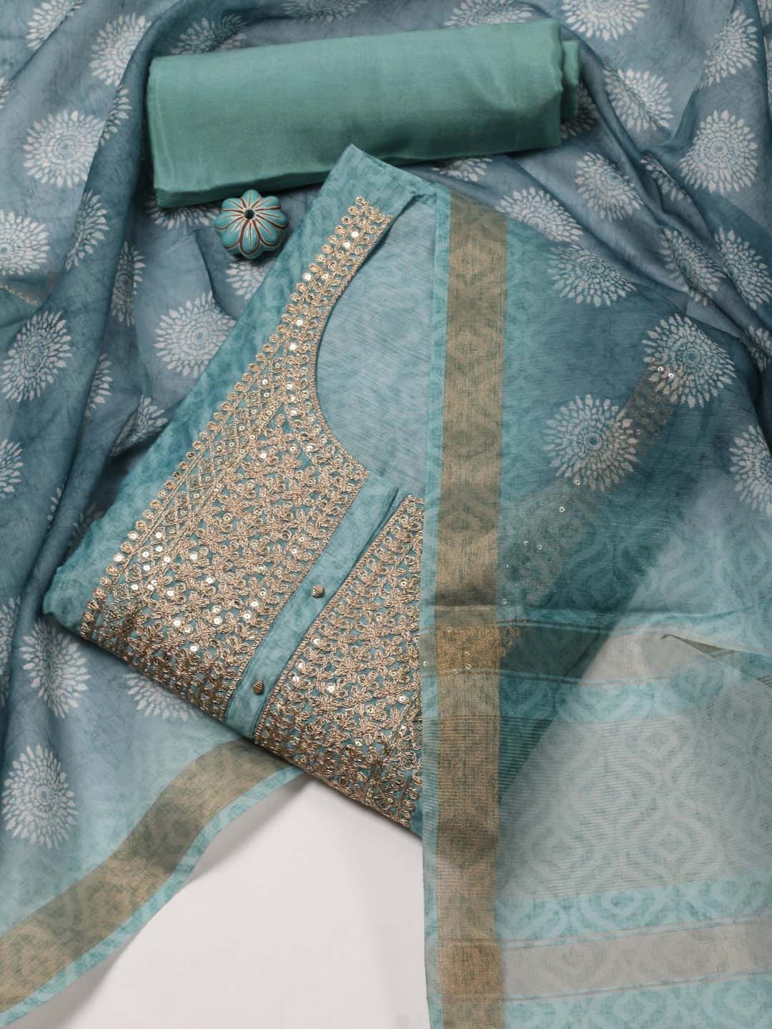 

Meena Bazaar Ethnic Motifs Embroidered Unstitched Dress Material, Sea green