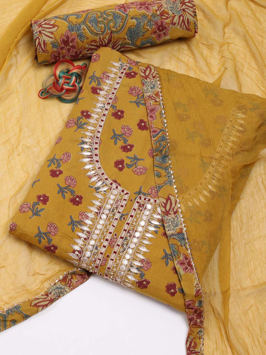 

Meena Bazaar Floral Printed Unstitched Dress Material, Mustard