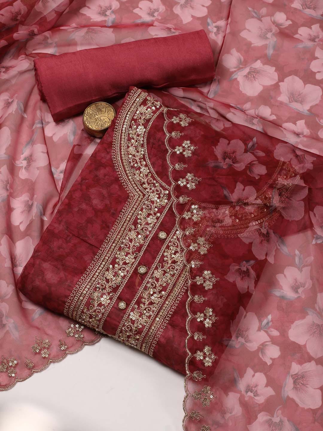 

Meena Bazaar Floral Printed Organza Unstitched Dress Material, Maroon