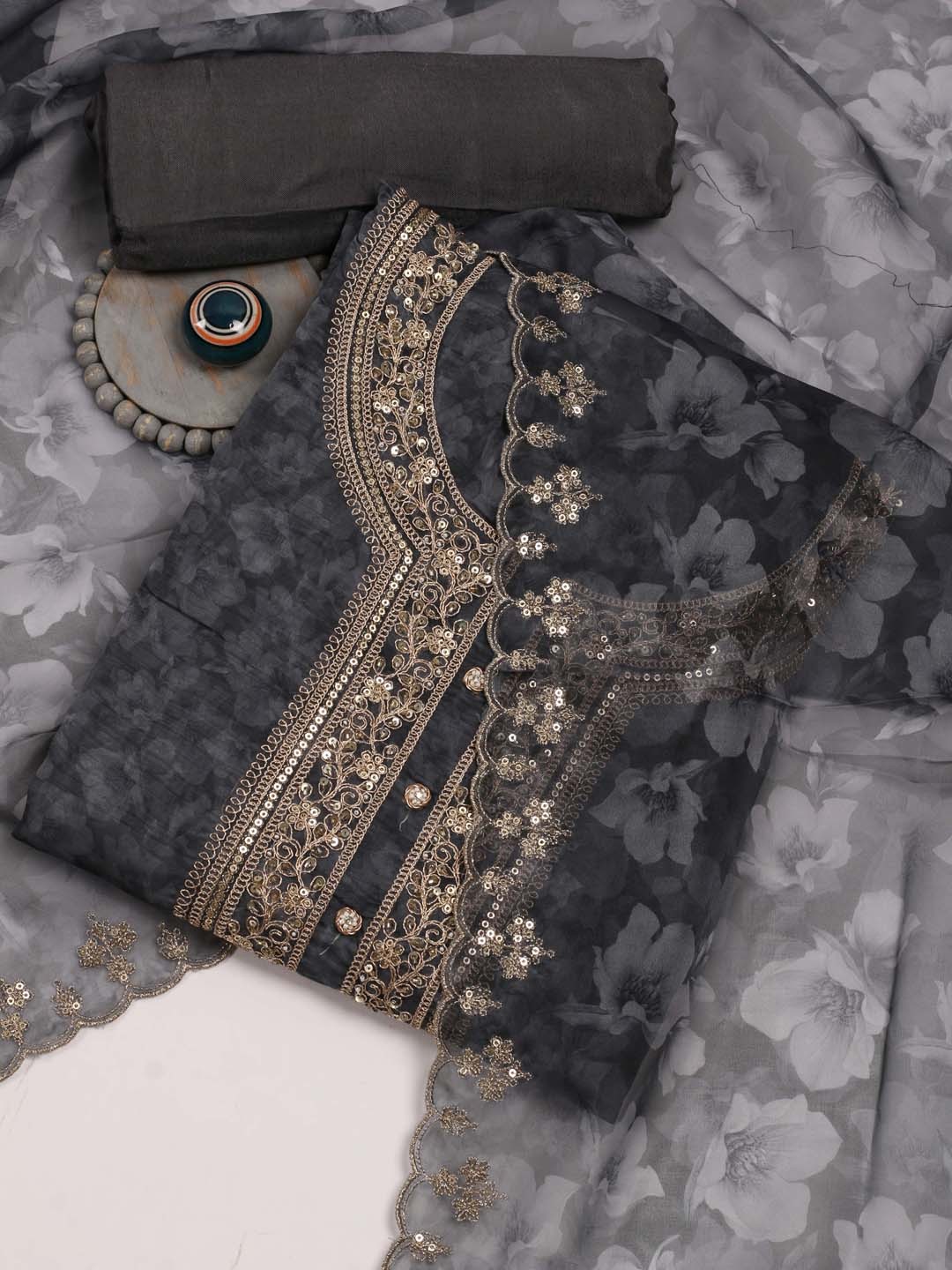 

Meena Bazaar Floral Printed Sequinned Organza Unstitched Dress Material, Grey