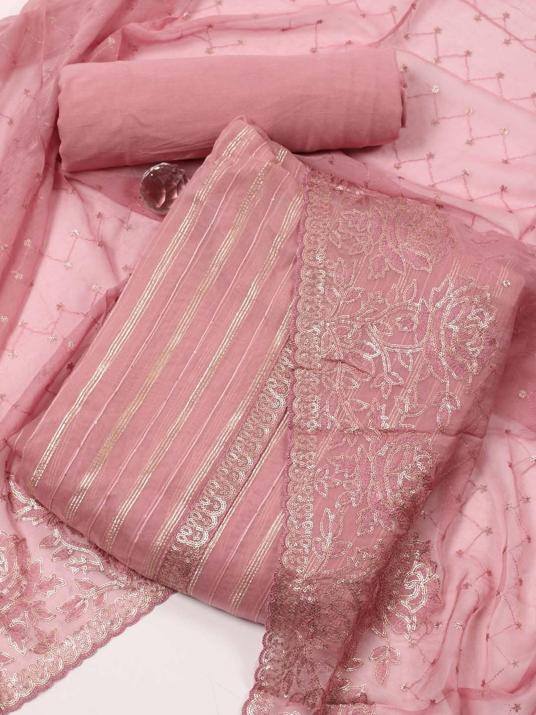 

Meena Bazaar Striped Woven Design With Sequinned Organza Unstitched Dress Material, Pink