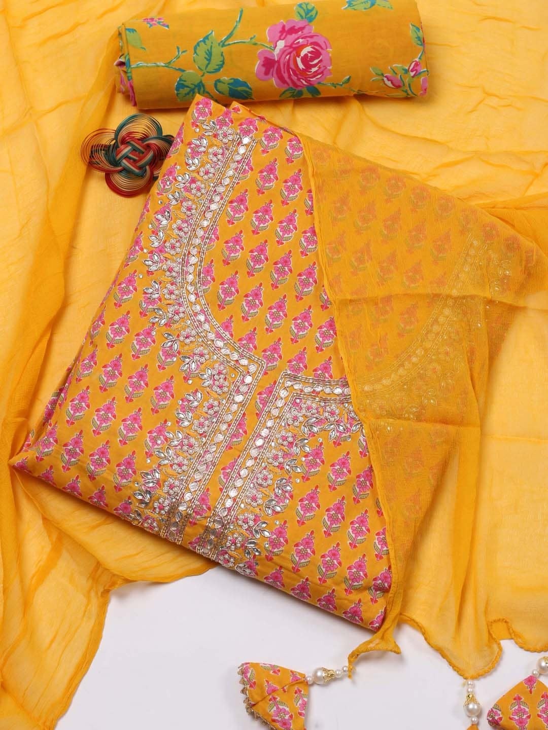 

Meena Bazaar Floral Printed With Sequinned Unstitched Dress Material, Mustard