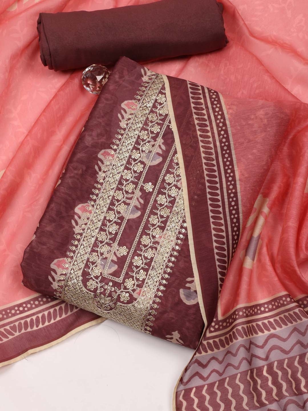 

Meena Bazaar Floral Printed With Sequinned Unstitched Dress Material, Burgundy