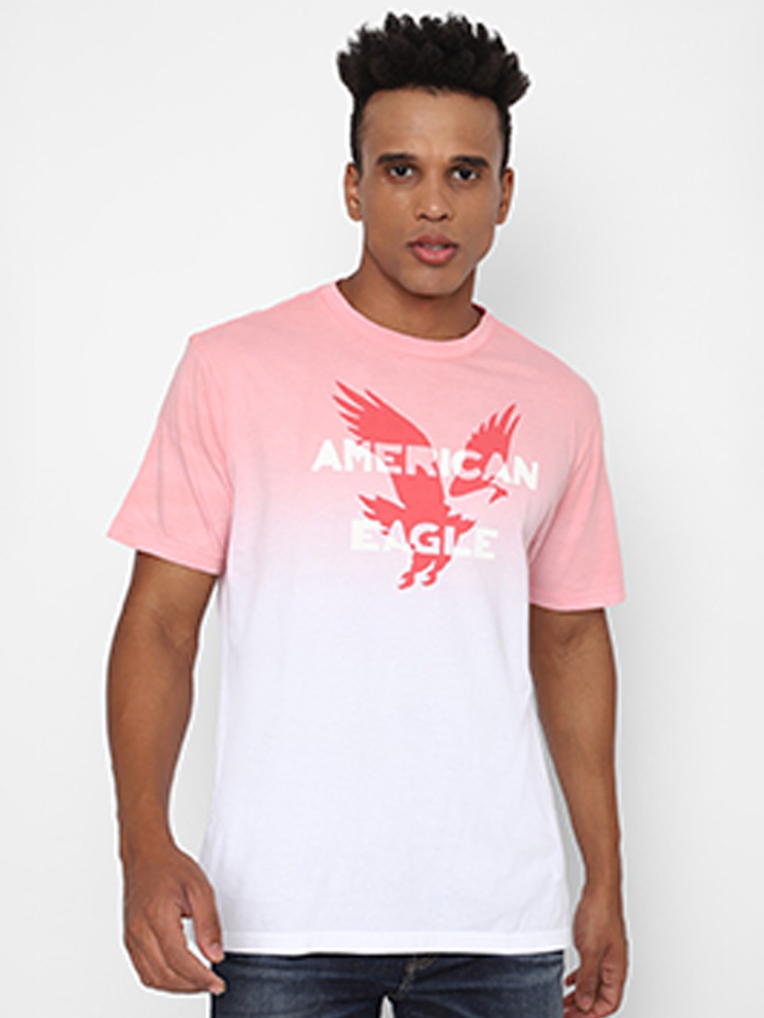 

AMERICAN EAGLE OUTFITTERS Dip-Dye Logo Graphic Printed Pure Cotton T-Shirt, Pink