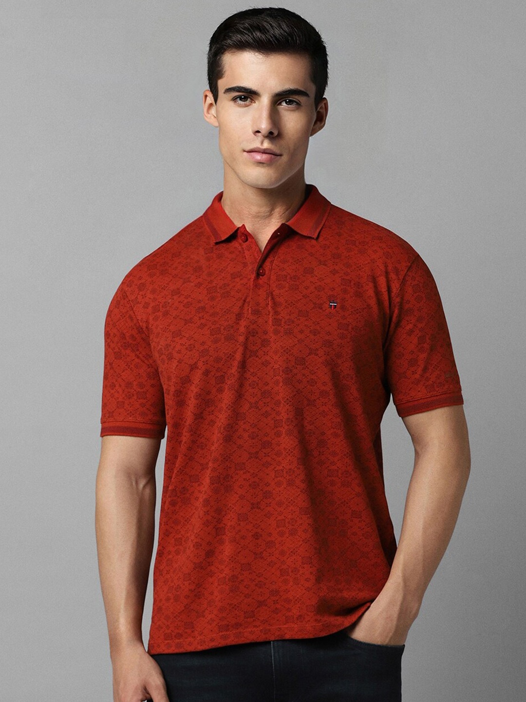 

Louis Philippe Jeans Geometric Printed Polo Collar Cotton T-shirt, Red