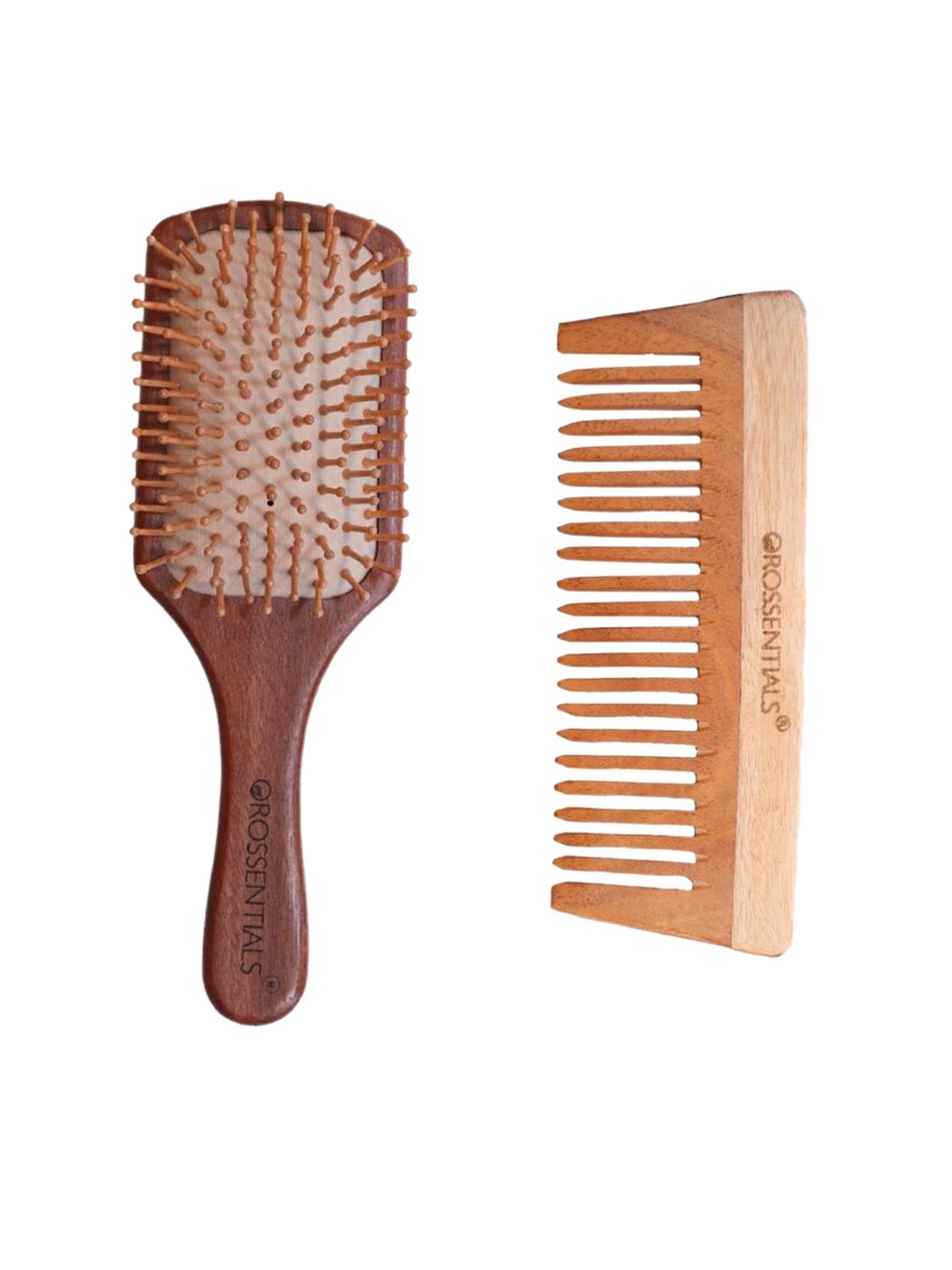 

OROSSENTIALS Set Of 2 Wooden Hair Brush & En-Tangle Comb, Brown