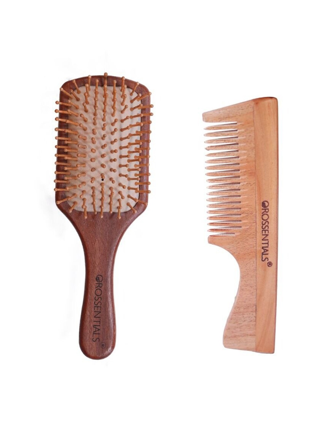 

OROSSENTIALS Set Of 2 Wooden Hair Brush & Wood Handle Comb, Brown