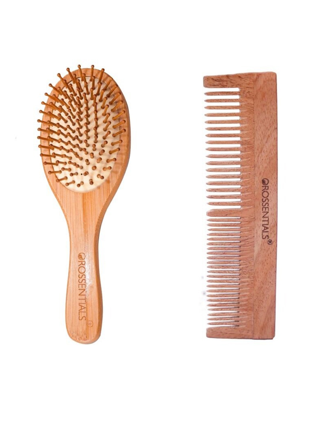 

OROSSENTIALS Set Of 2 Wooden Oval Hair Brush & 2 In 1 Comb, Brown