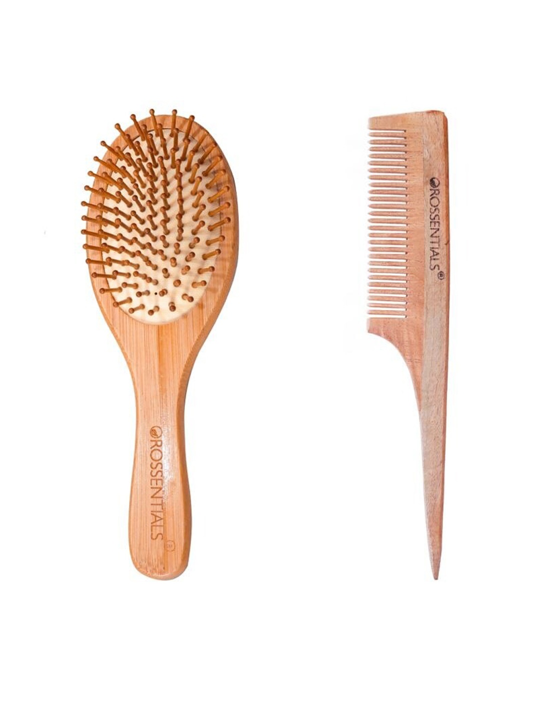 

OROSSENTIALS Set Of 2 Wooden Oval Hair Brush & Long Tail Comb, Brown