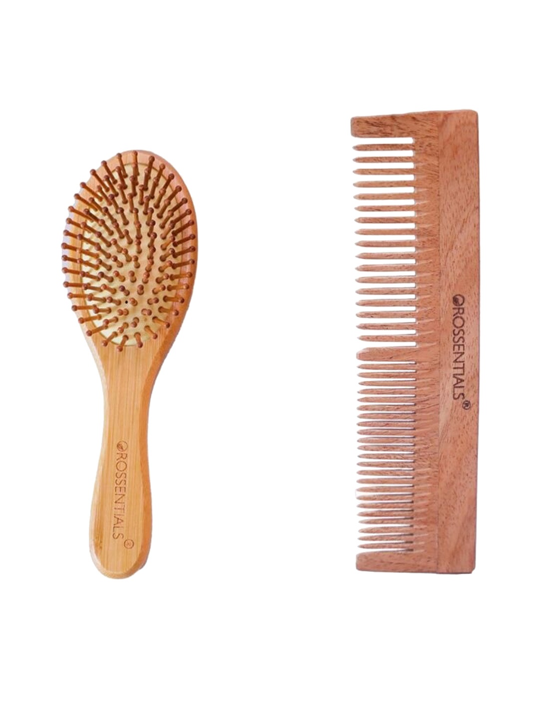 

OROSSENTIALS Set Of Wooden Oval Hair Brush & Kaachi Neem Wood Comb, Brown