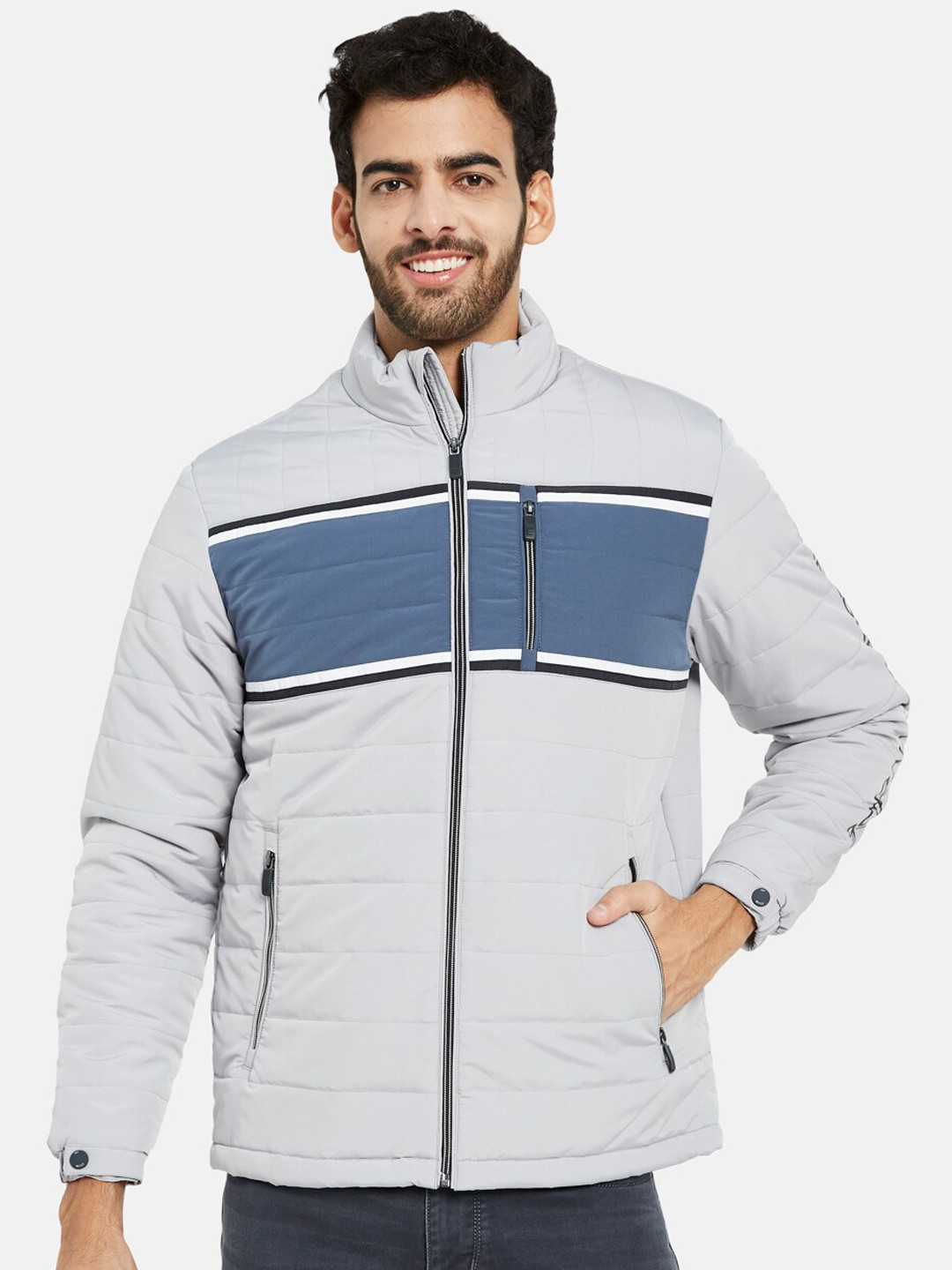 

METTLE Colourblocked Mock Collar Padded Jacket, Grey