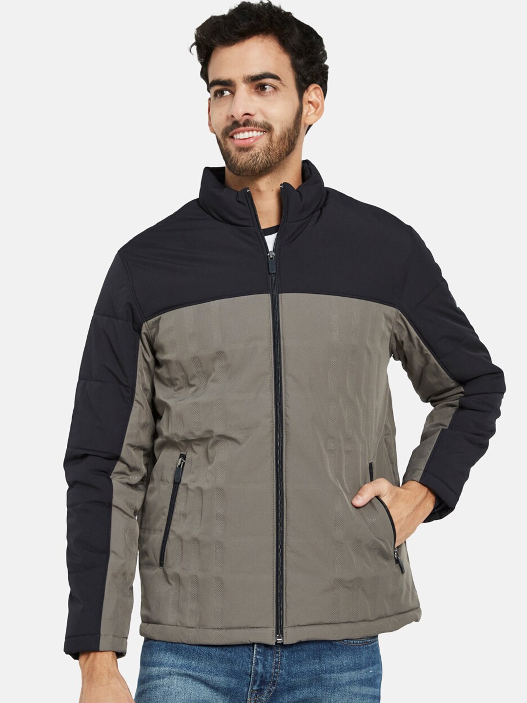 

METTLE Colourblocked Mock Collar Open Front Jacket, Grey