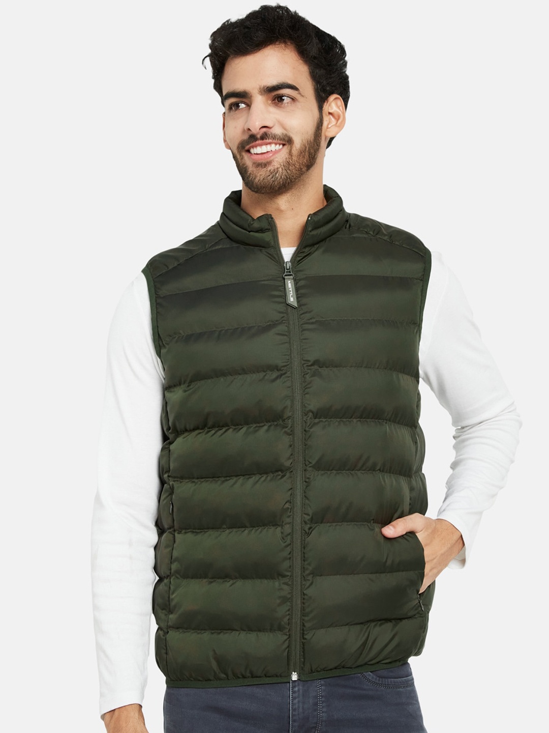 

METTLE Mock Collar Sleeveless Quilted Jacket, Olive
