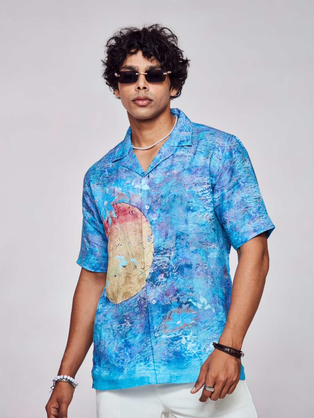 

ADDY'S for men Comfort Floral Printed Cuban Collar Linen Casual Shirt, Turquoise blue