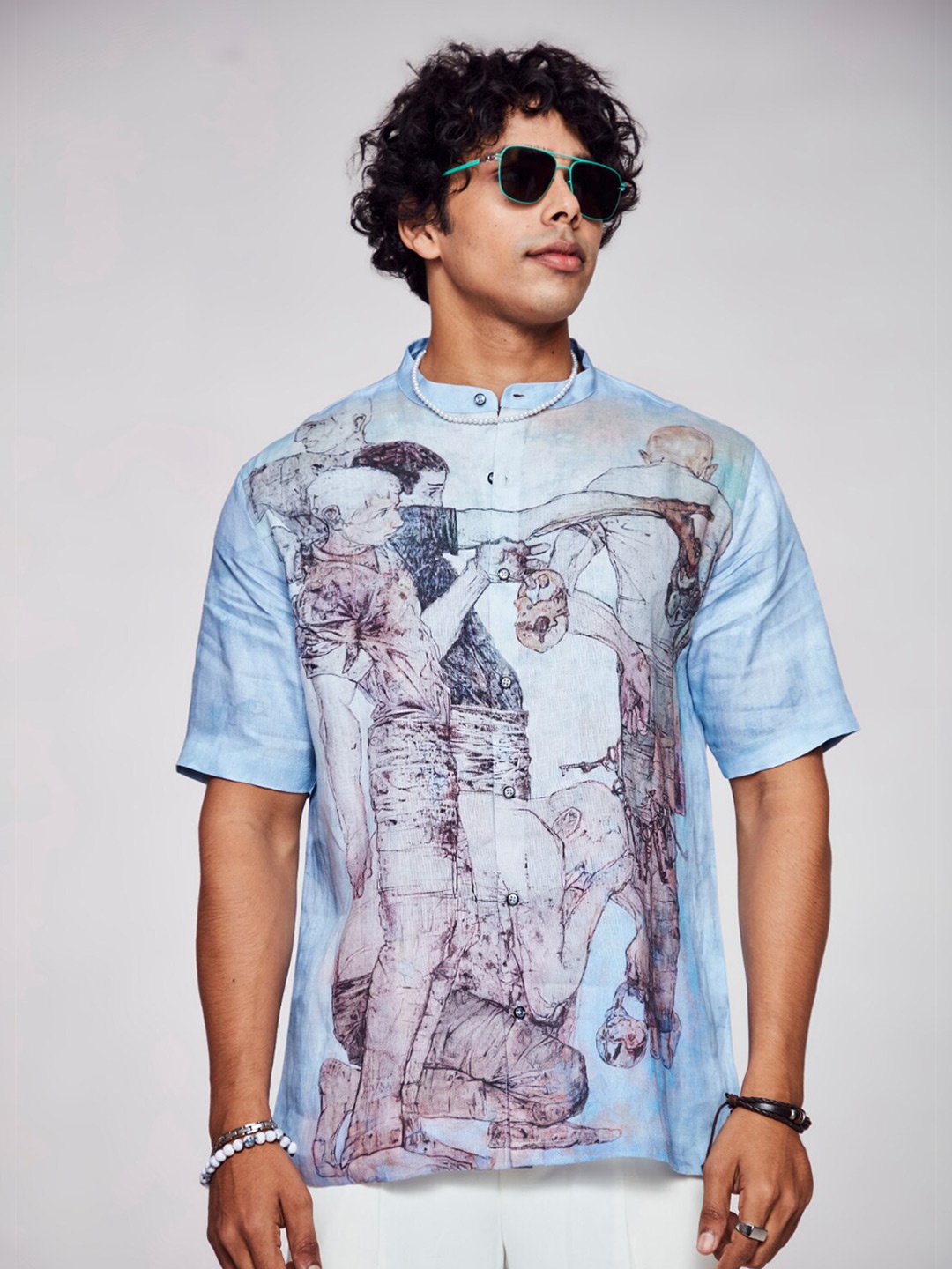 

ADDY'S for men Comfort Conversational Printed Band Collar Linen Casual Shirt, Blue