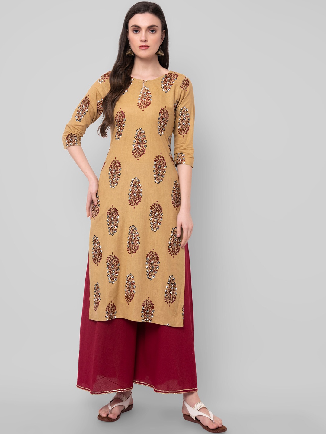 

Wodreams Ethnic Motifs Printed Keyhole Neck Cotton Kurta, Beige