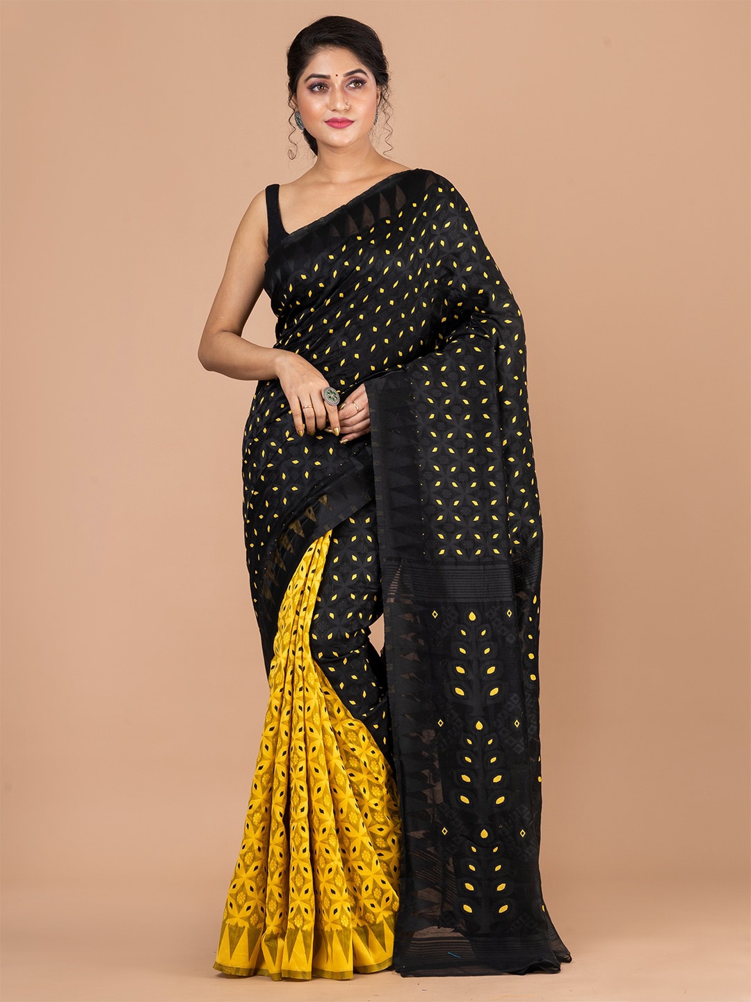 

HOUSE OF ARLI Floral Woven Design Half & Half Jamdani Saree, Yellow