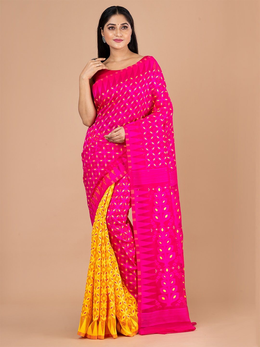 

HOUSE OF ARLI Floral Woven Design Jamdani Saree, Yellow