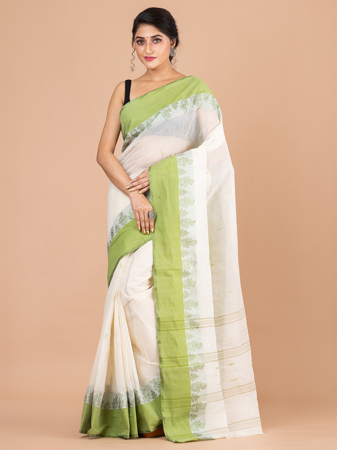 

HOUSE OF ARLI Ethnic Motifs Woven Design Pure Cotton Taant Saree, Off white