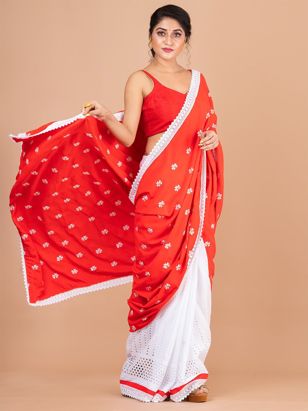 

HOUSE OF ARLI Ethnic Motifs Woven Design Silk Cotton Half and Half Saree, Red