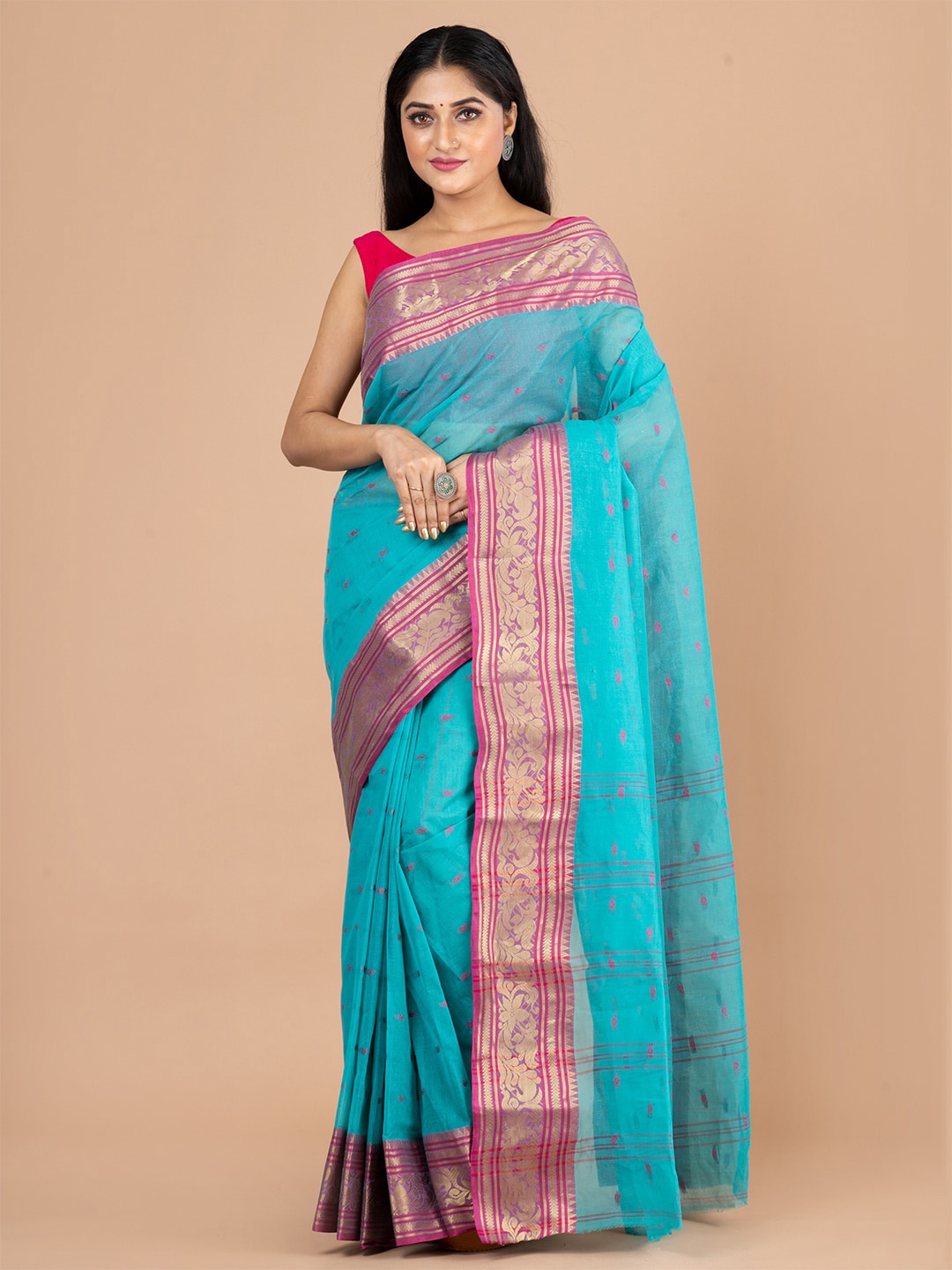 

HOUSE OF ARLI Ethnic Motifs Woven Design Zari Pure Cotton Taant Saree, Blue