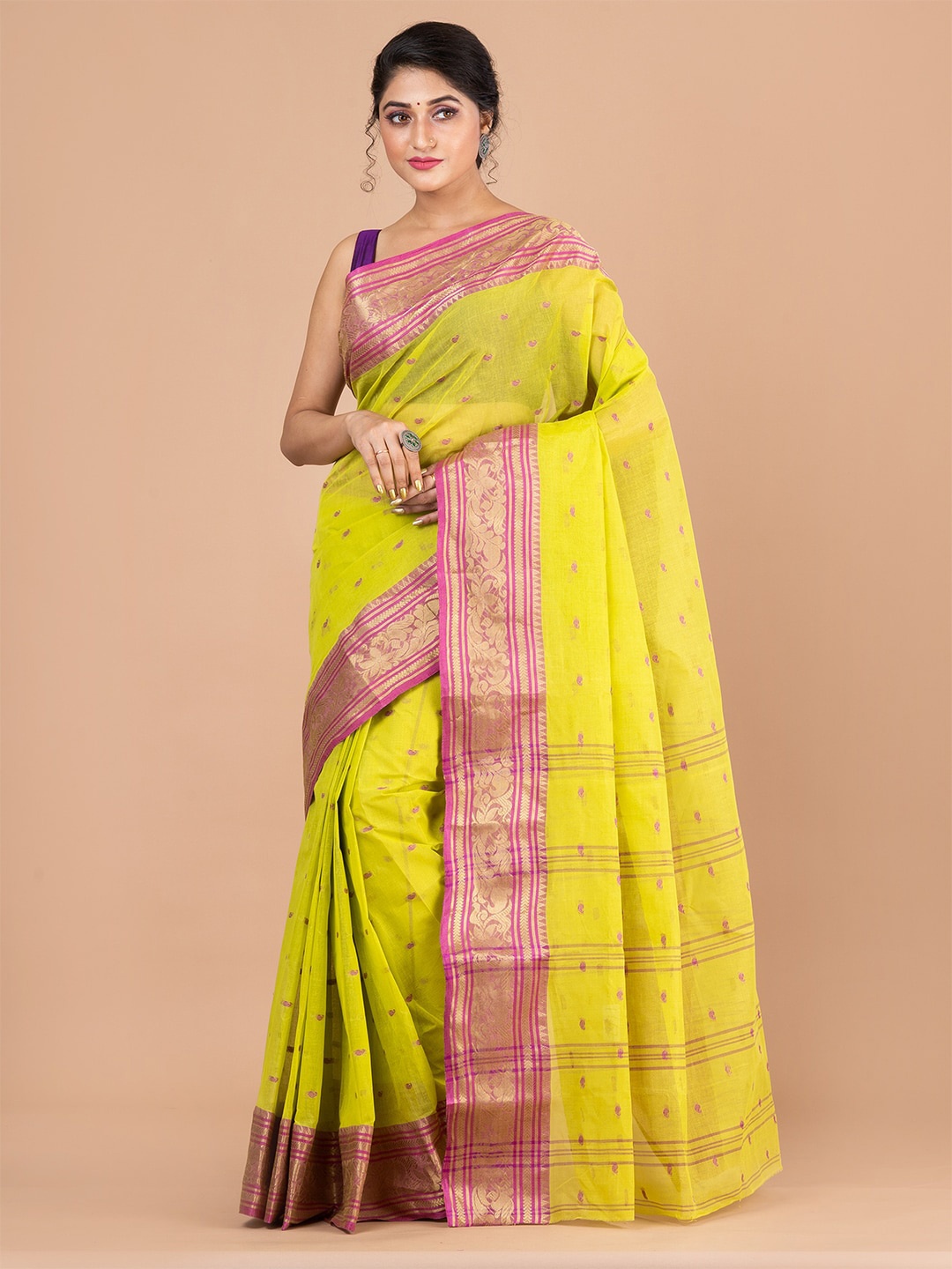

HOUSE OF ARLI Ethnic Motifs Woven Design Zari Pure Cotton Taant Saree, Green