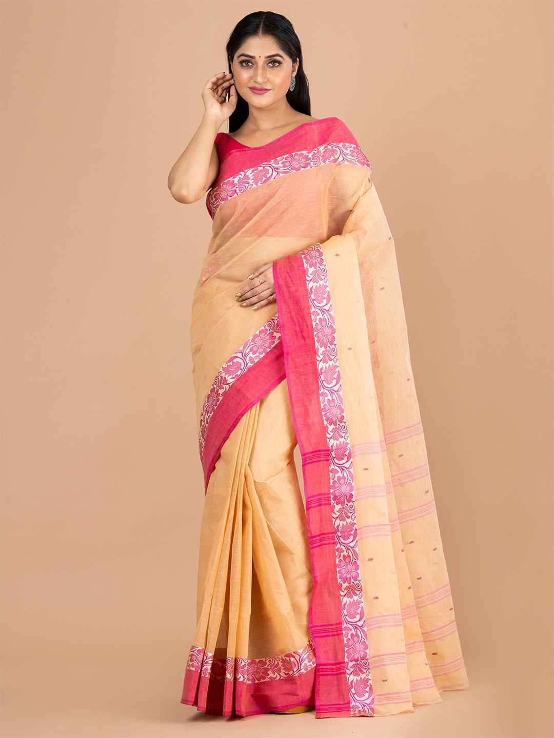 

HOUSE OF ARLI Woven Design Pure Cotton Taant Saree, Beige