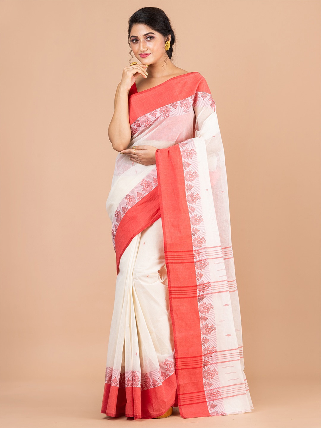 

HOUSE OF ARLI Woven Design Pure Cotton Taant Saree, Off white