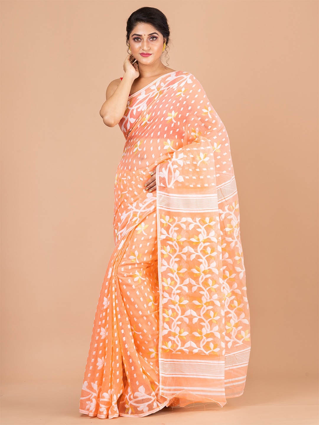 

HOUSE OF ARLI Woven Design Pure Cotton Jamdani Saree, Pink