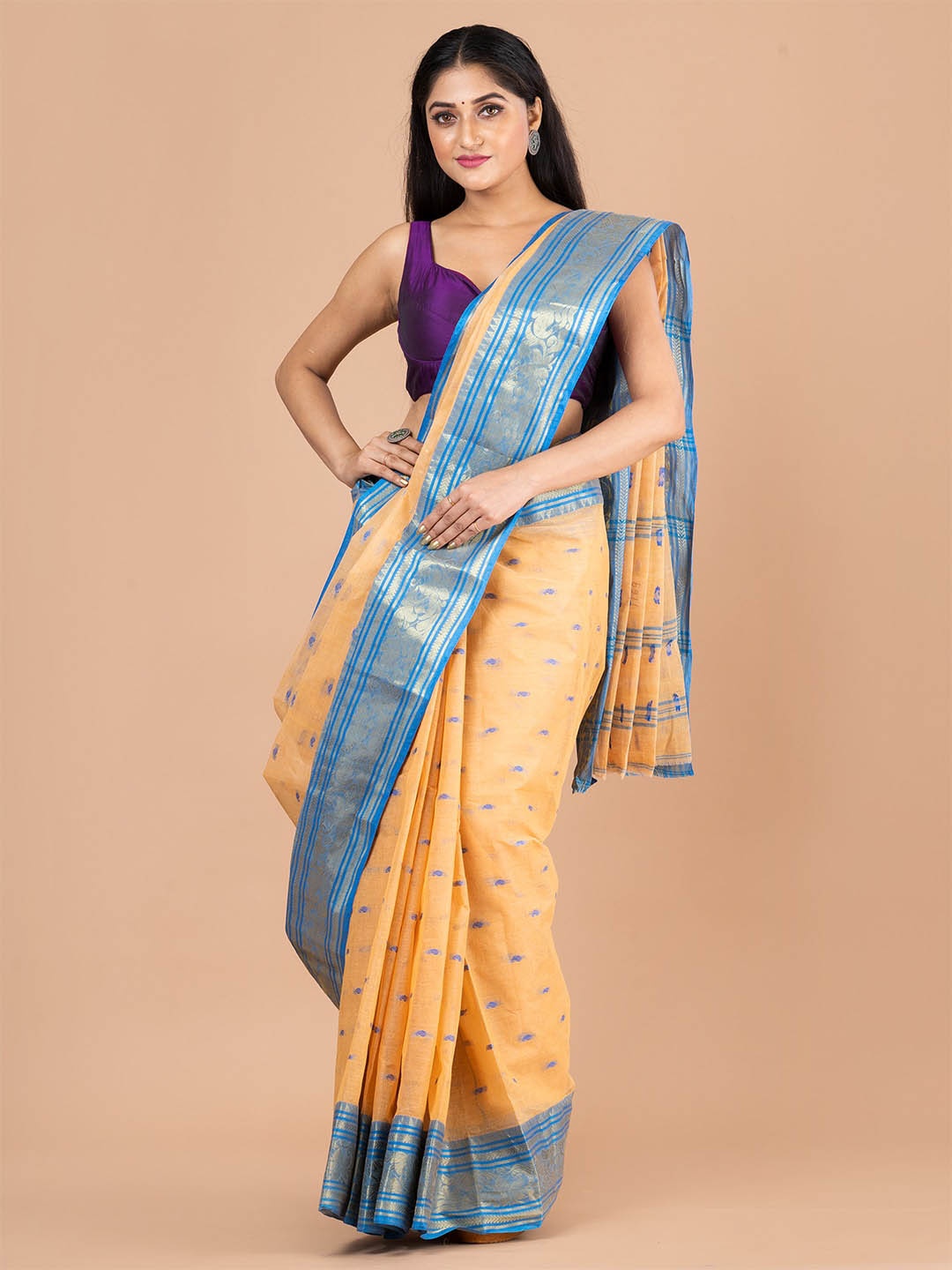 

HOUSE OF ARLI Woven Design Zari Pure Cotton Taant Saree, Beige