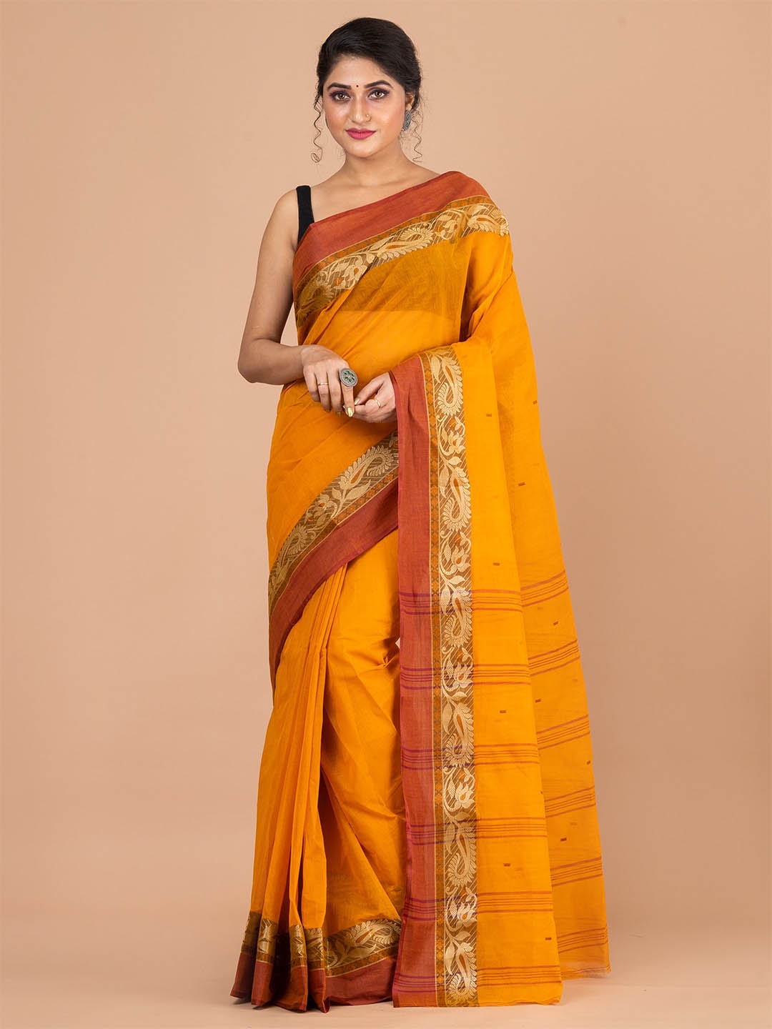 

HOUSE OF ARLI Zari Detail Pure Cotton Taant Saree, Mustard