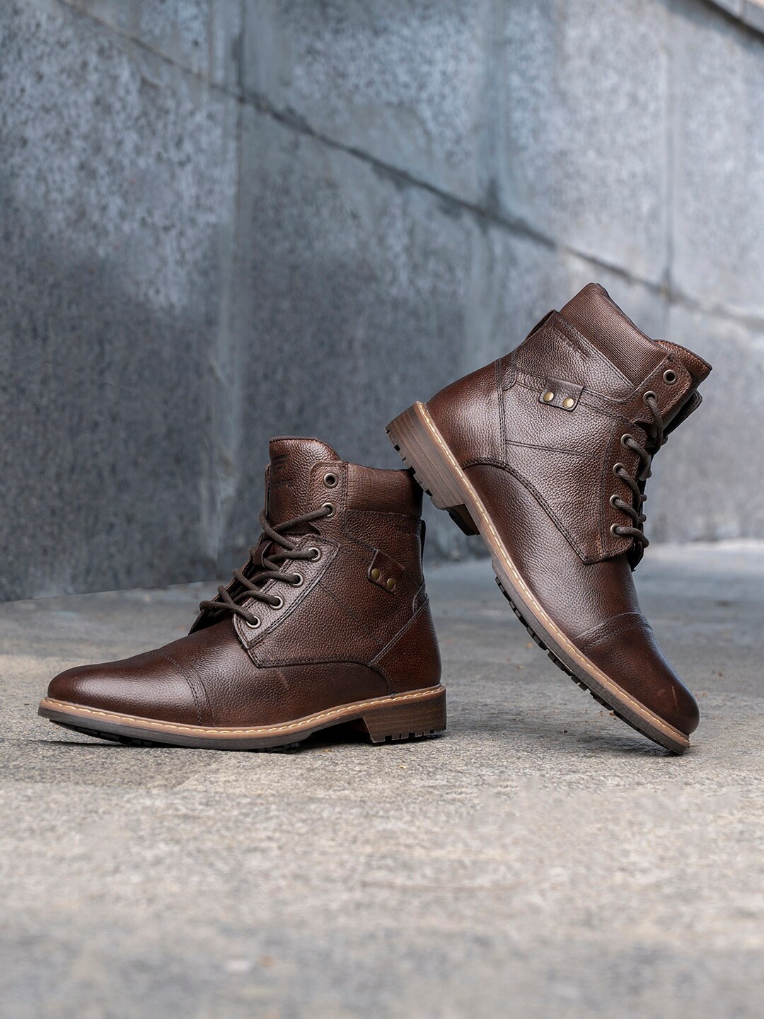 

Red Tape Men Textured Leather Anti-Slip Mid-Top Biker Boots, Brown