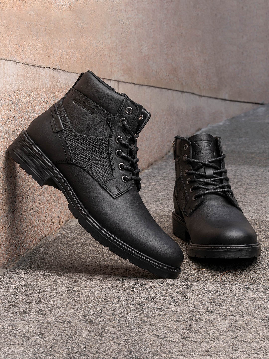 

Red Tape Men Mid Top Anti-Slip Biker Boots, Black