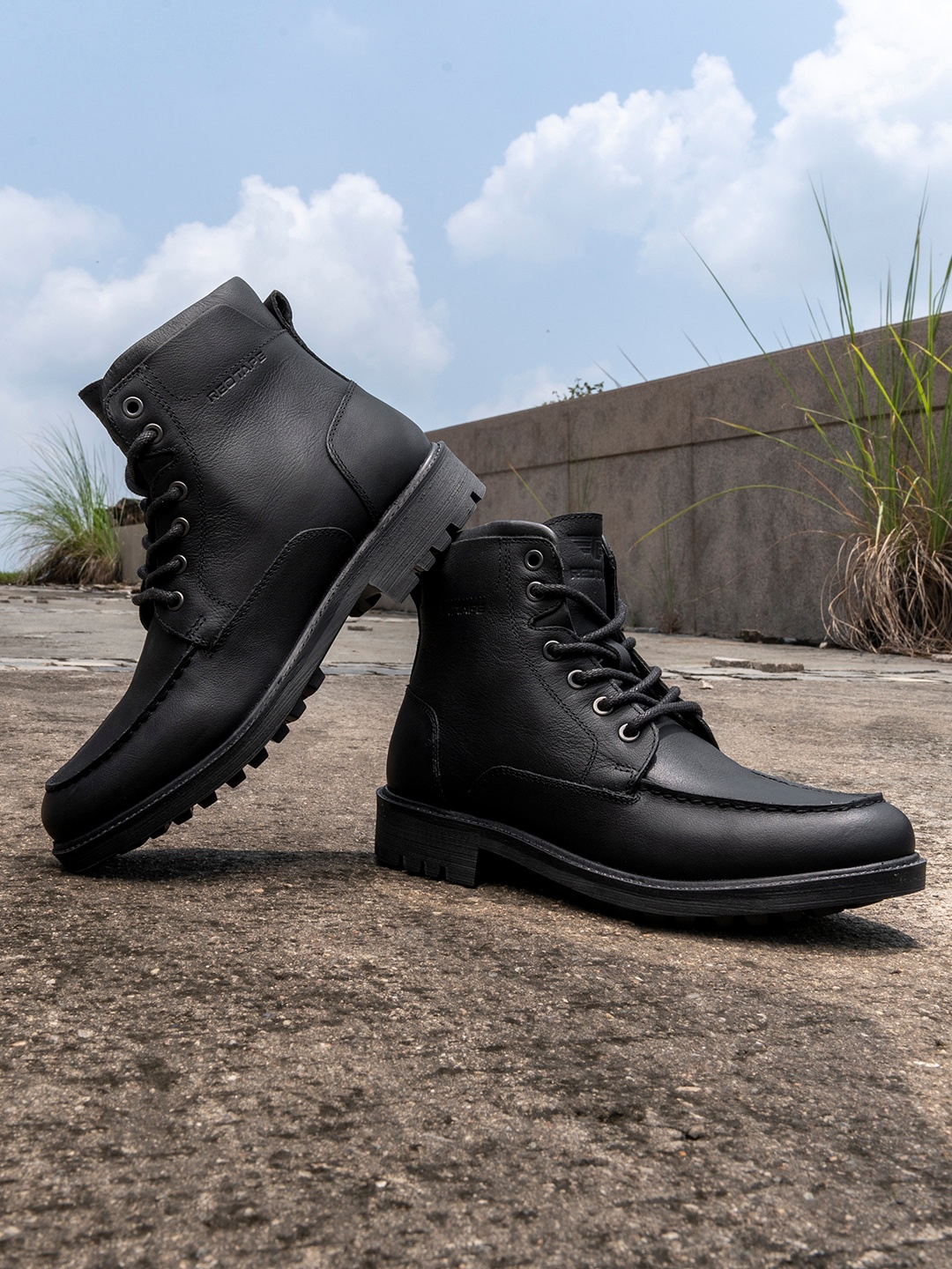 

Red Tape Men Mid Top Anti-Slip Biker Boots, Black