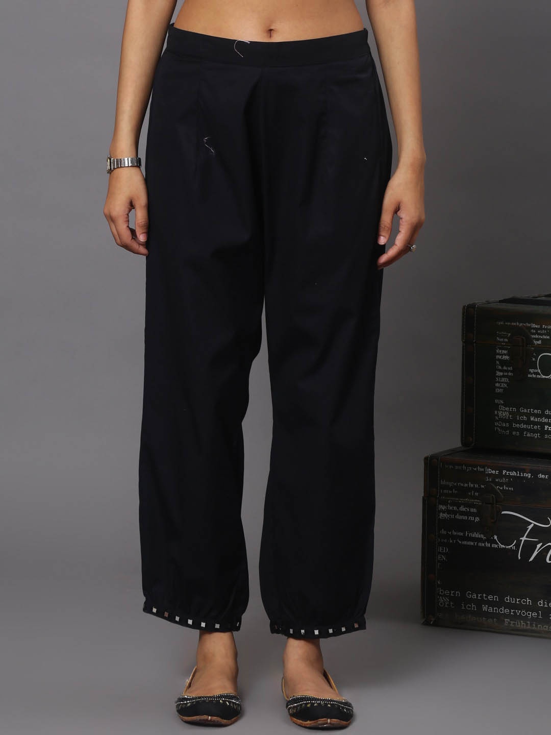 

Spring Soul Hem Design Cotton Straight Palazzos, Black
