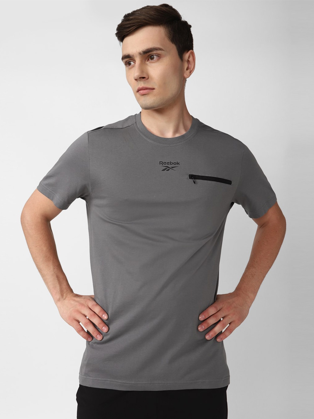 

Reebok Round Neck Zip Detail Pure Cotton T-Shirt, Grey