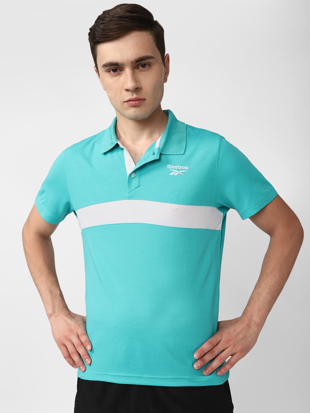 

Reebok Striped Performance Polo Collar T-Shirt, Blue