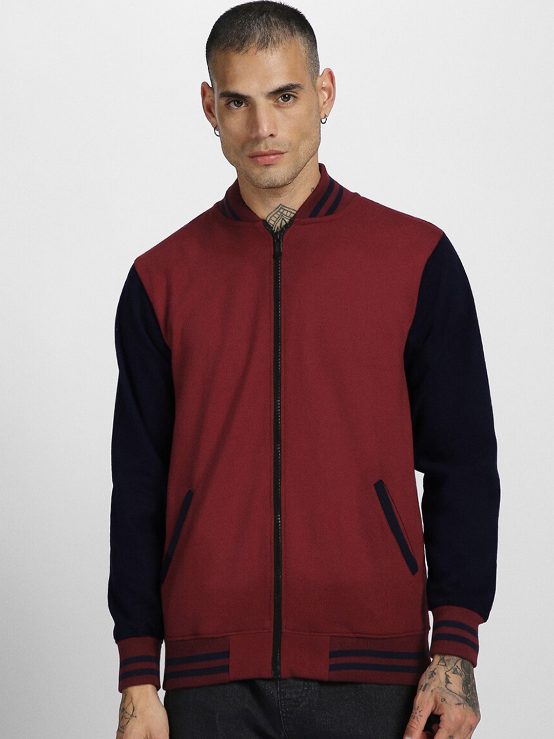 

VEIRDO Blue & Maroon Graphic Printed Stand Collar Fleece Bomber Jacket