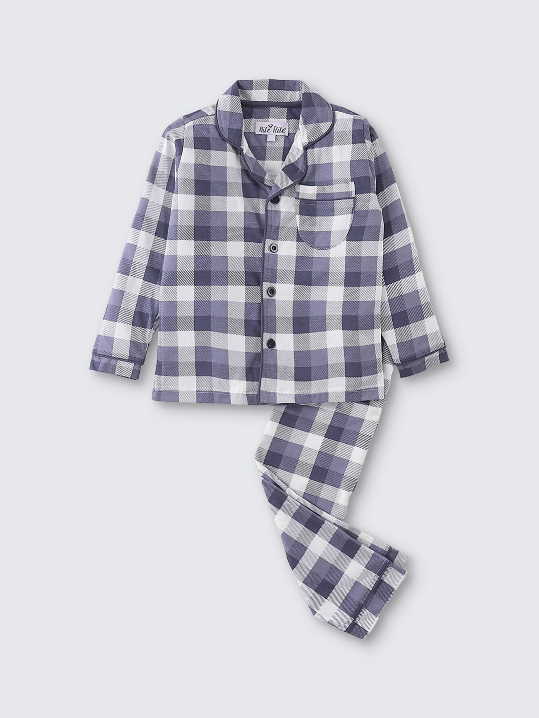 

Nite Flite Boys Checked Lapel Collar Pure Cotton Night suit, Grey