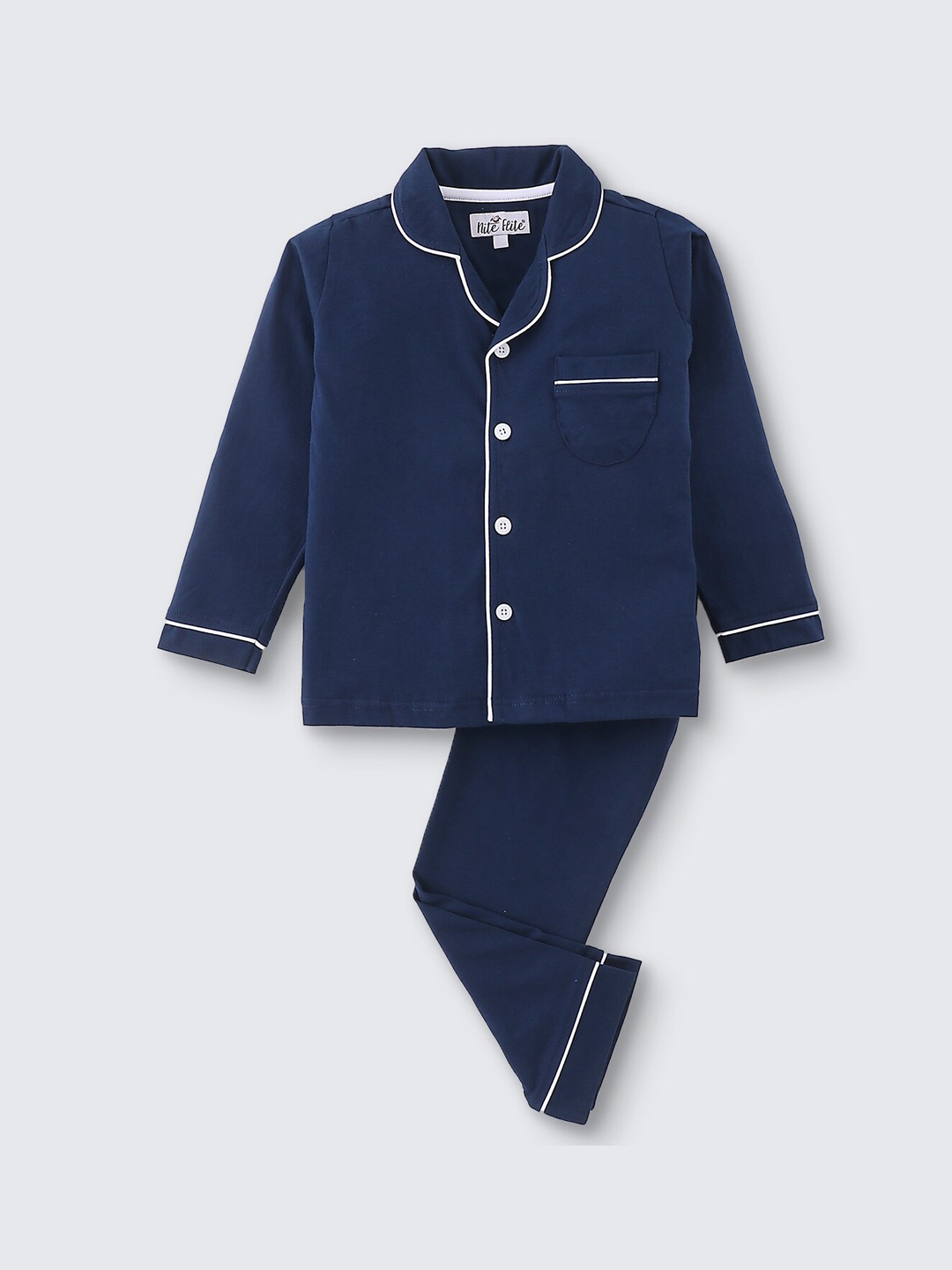 

Nite Flite Kids Lapel Collar Pure Cotton Night suit, Blue